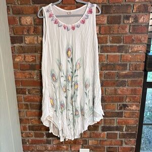 Seven Islands womens embroidered peacock feathers sleeveless boho dress white 2X